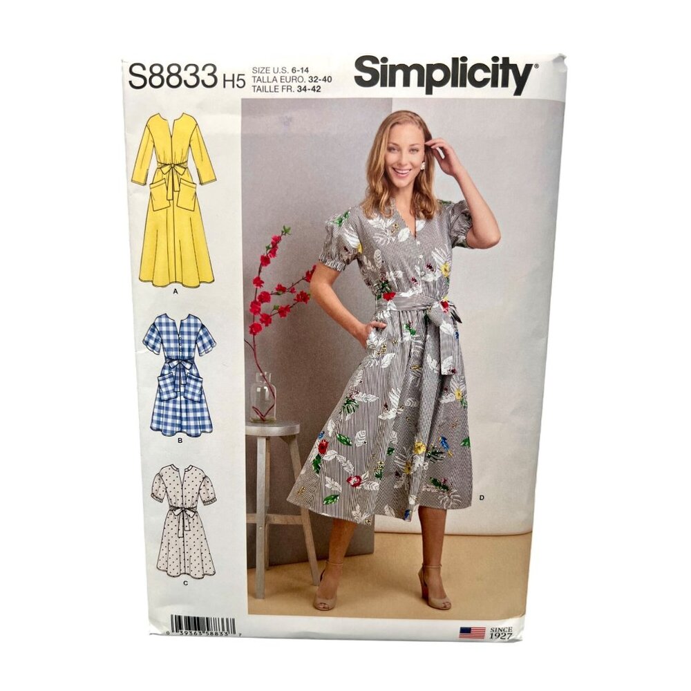 Simplicity S8833 Misses Pullover Shirt Dress Pattern Pockets Tie Belt Sizes 6-14